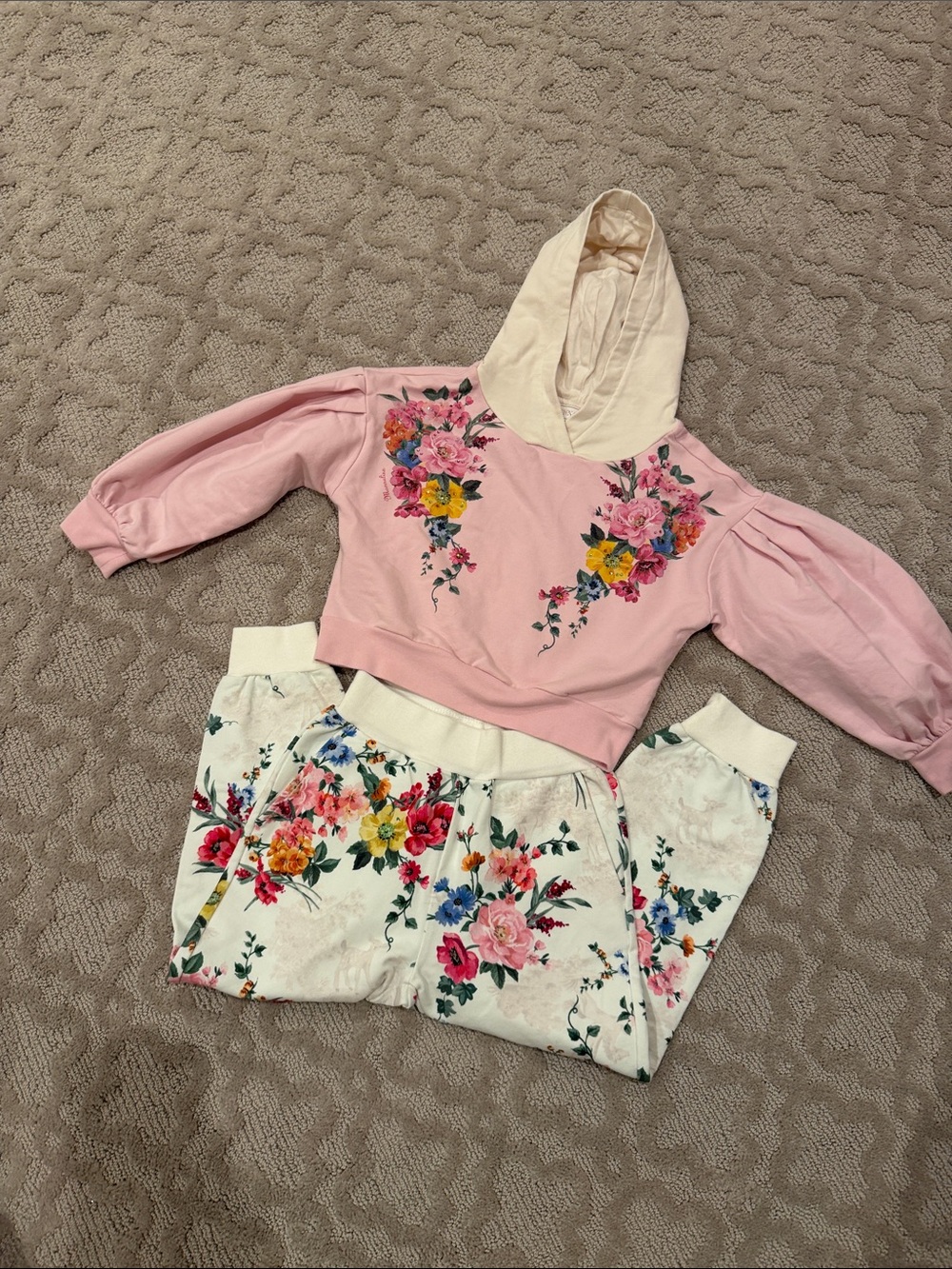 MonnaLisa Pink Floral Hoodie & Cream Floral Pants Kids Matching Set